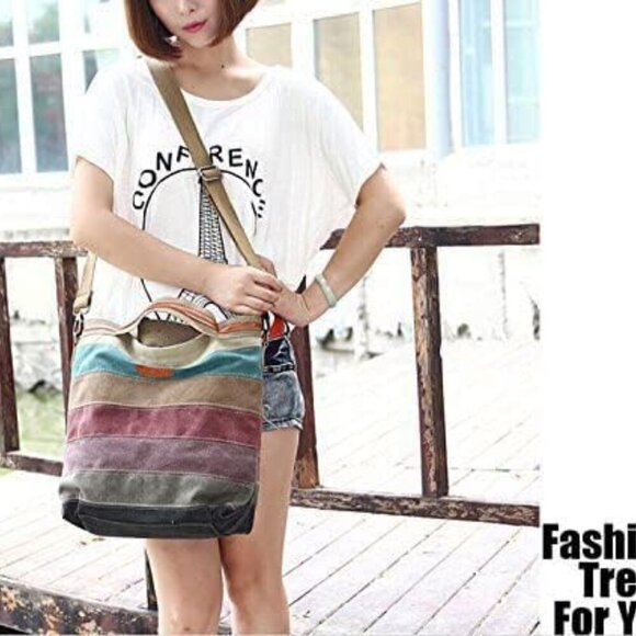 Canvas Handbag Multi-Color Striped Lattice Cross Body Shoulder Purse Bag Tote-Ha - Picture 7 of 7
